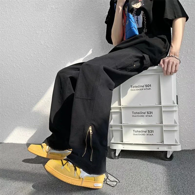 Hong Kong Style Ins Zipper Cargo Jeans High Street Retro Men's and Women's Spring Loose Straight Drooping Casual Wide-Leg Pants
