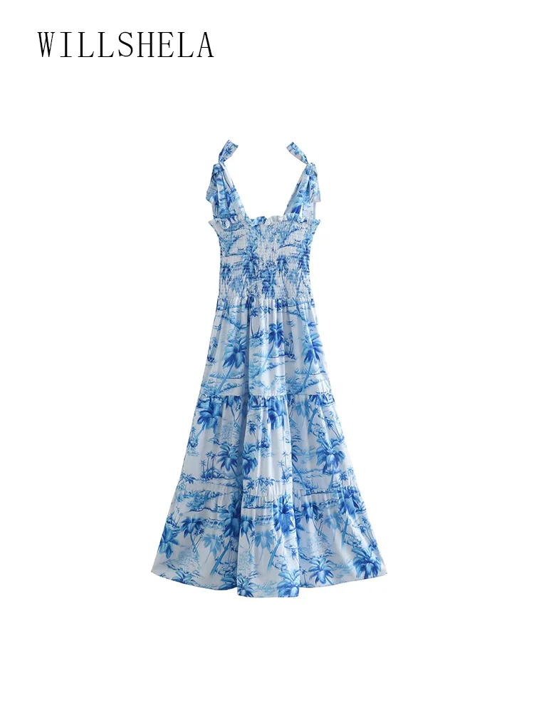 

Willshela Women Fashion Blue Printed Patchwork Backless Midi Dress Vintage Straps Square Collar Female Chic Lady Dresses