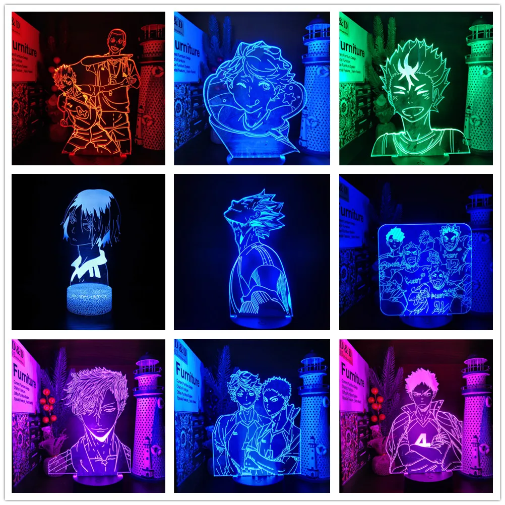 Haikyuu Anime 3d Night Light - Shoyo Hinata Tobio Kageyama &amp Yu Nishinoya Светодиодные Фигурки С Сенсорным