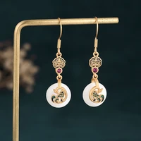 china style ear jewelry copper gold plated ehite hetian jade gold phoenix earrings classical enamel colorful earrings women 44mm