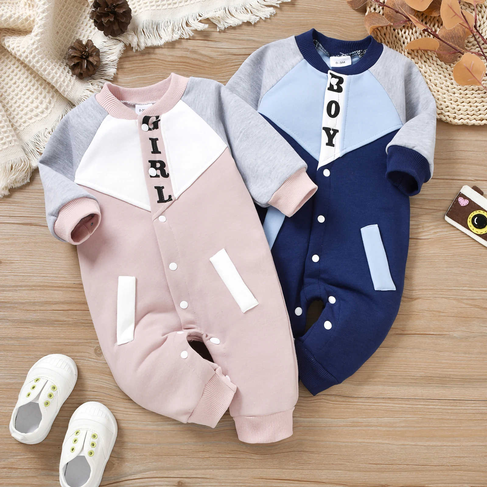 

Newborn Baby Infant Girls Boys Autumn Winter Jumpsuit Long Sleeve Round Neck Button Down Letter Patchwork Warm Romper