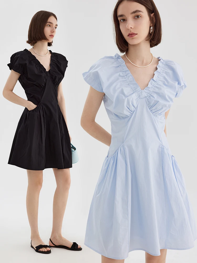 

2023 New French V-neck Bubble Sleeve Pleated Pocket Design Feels Slim Dress Women Evening Dresses Sexy Fashion Vintage Vestido