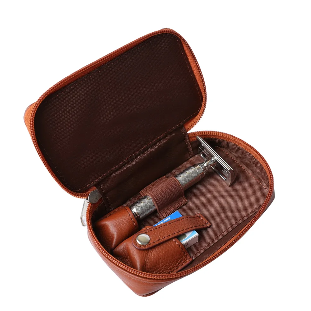 LIVEBEN Настоящая кожа двойного лезвия безопасное бритье машинка Застежкой-молнией Путешественный чехол Набор для влажного бритья Подарки для мужа Travele на.