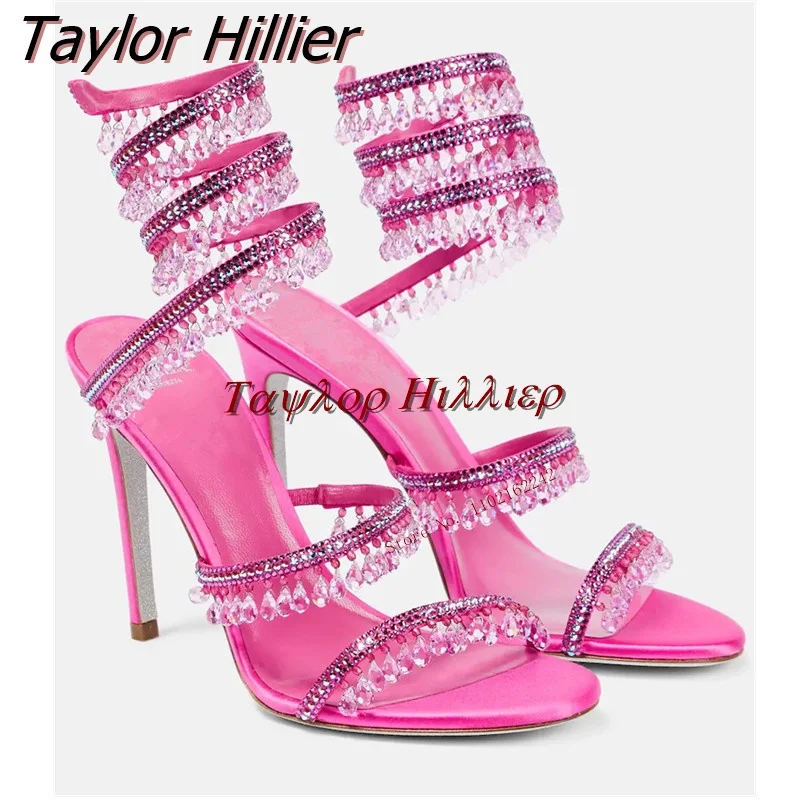 

Crystal Pendant Snake-Shaped Winding Rhinestone Decoration Women'S Sandals Round Toe Open Toe Stiletto Sexy Summer Runway Shoes