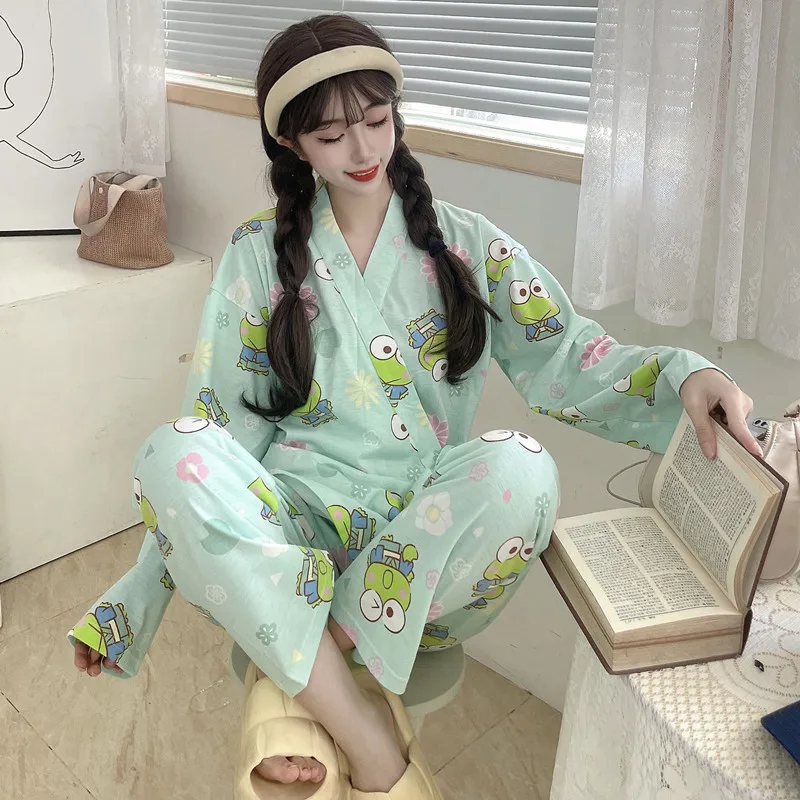 Japan Kimono Pajamas for Women Spring Autumn Pyjama V Neck Big Eyes Frog Cartoon Homesuit Long Sleeve Sleepwear Kawaii Nightwear