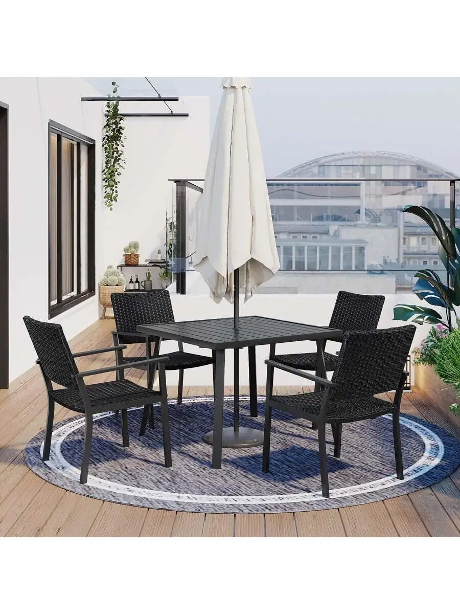 

Outdoor Patio PE Wicker 5-Piece Dining Table Set with Umbrella Hole and 4 Dining Chairs for Garden,Deck,Black Frame+Black Rattan