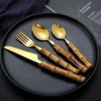 3pcsset bamboo handle tableware set steak knives fork spoon cutlery gold stainless steel flatware cutlery set dinnerware