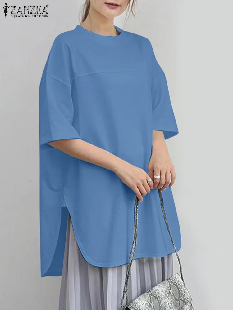 

Женская модная туника ZANZEA, топы, летние женские блузы с разрезом на подоле, элегантная однотонная тонкая рубашка с круглым вырезом и рукавом до локтя, Повседневная Блузка 2023