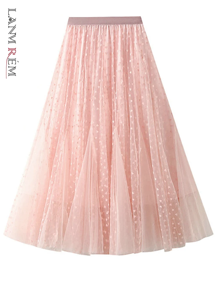 

LANMREM Polka Dot Mid-length Mesh A-line Gauze Elastic Waist Heart Skirt Women 2023 Summer Spring Female Sweet Clothing 2R4983