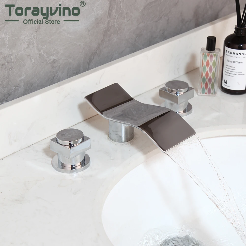 

Torayvino Chrome Polished Bathroom Faucet 3 Pcs Deck Mounted Basin Sink Waterfall Spout Faucets Hot And Cold Water Tap Set