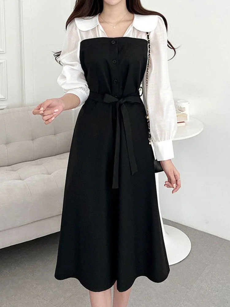 

Korean Chic 2022 Autumn Peter Pan Collar Contrasting Color Stitching Fake Two-piece Lace Black Robe Fashion Women Clothing M976