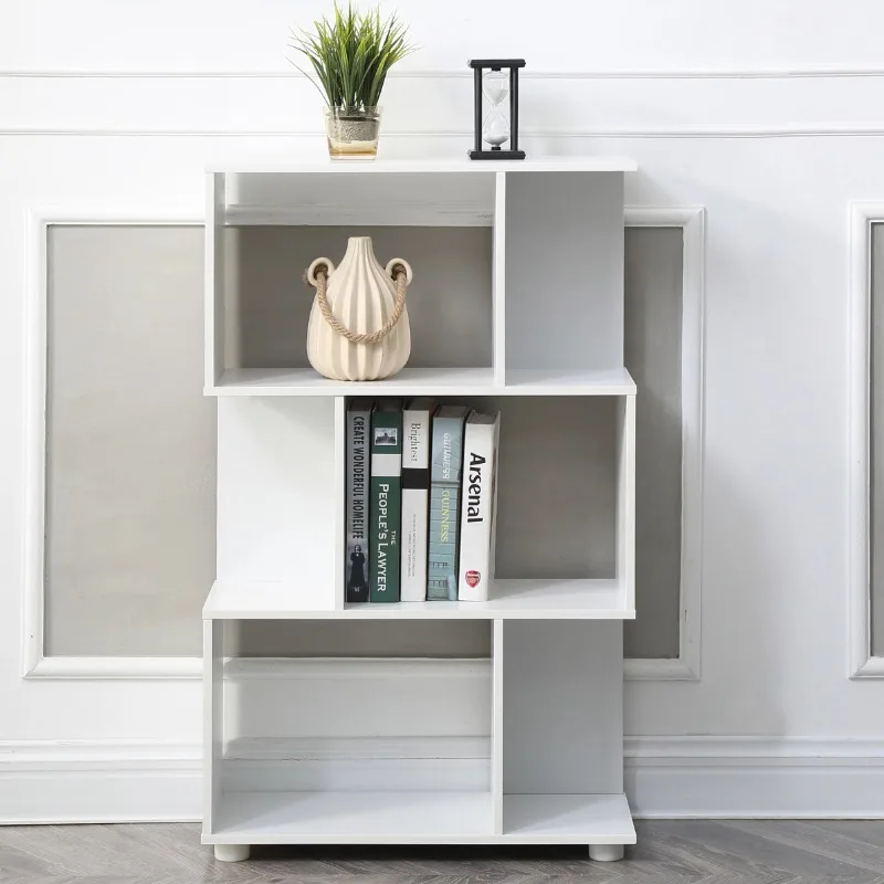 Modern Staggered 3-Shelf Manor Bookcase, White