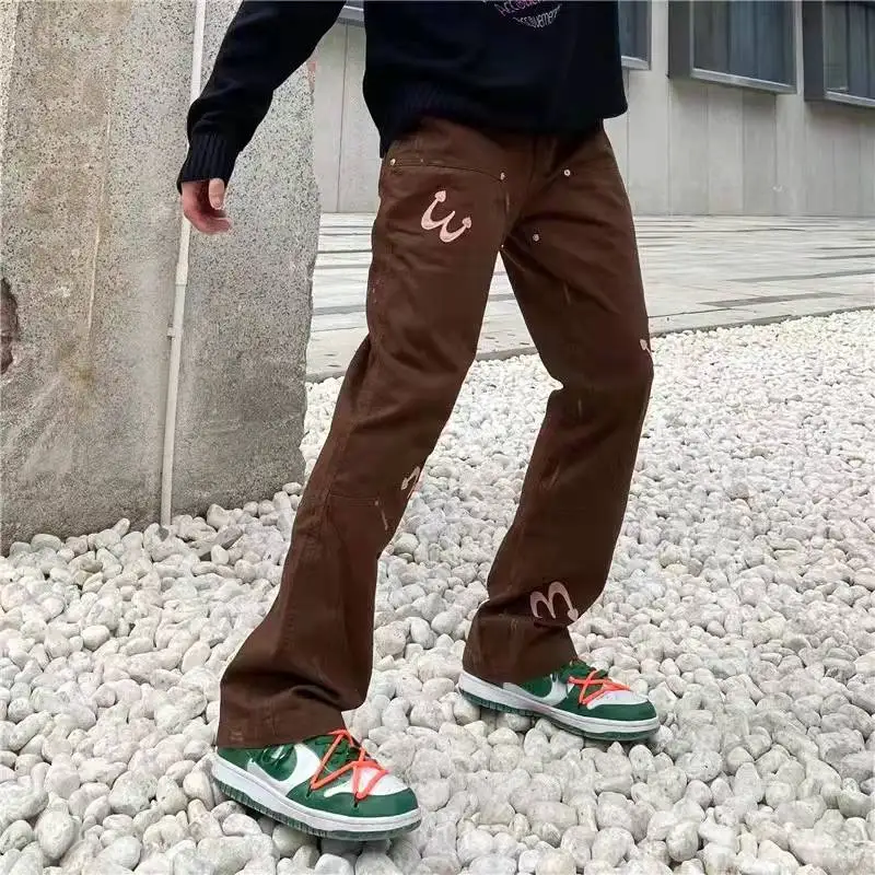 

Harajuku Streetwear Pockets Pu Leather Letter Embroidery Casual Overalls Men and Women Straight Vibe Style Loose Trousers