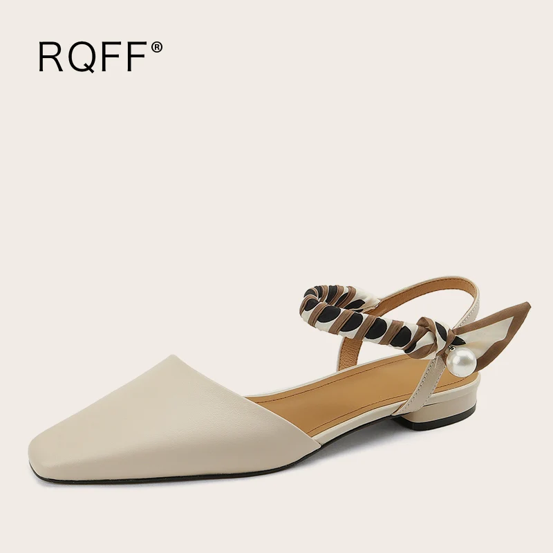 

Genuine Cow Leather Sandals Women Summer Fashion Solid Shoes Square Toe Flat With Heels Handmade High Quality Footwear Beige