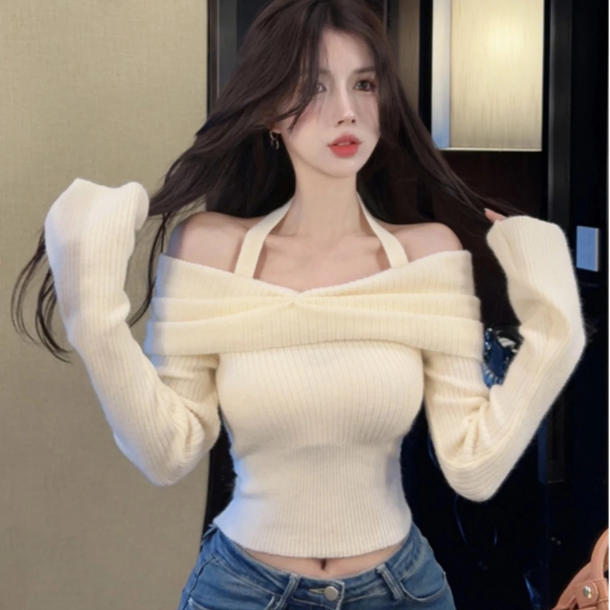 Женские пуловеры с разрезом на шее элегантный дизайн универсальные сексуальные