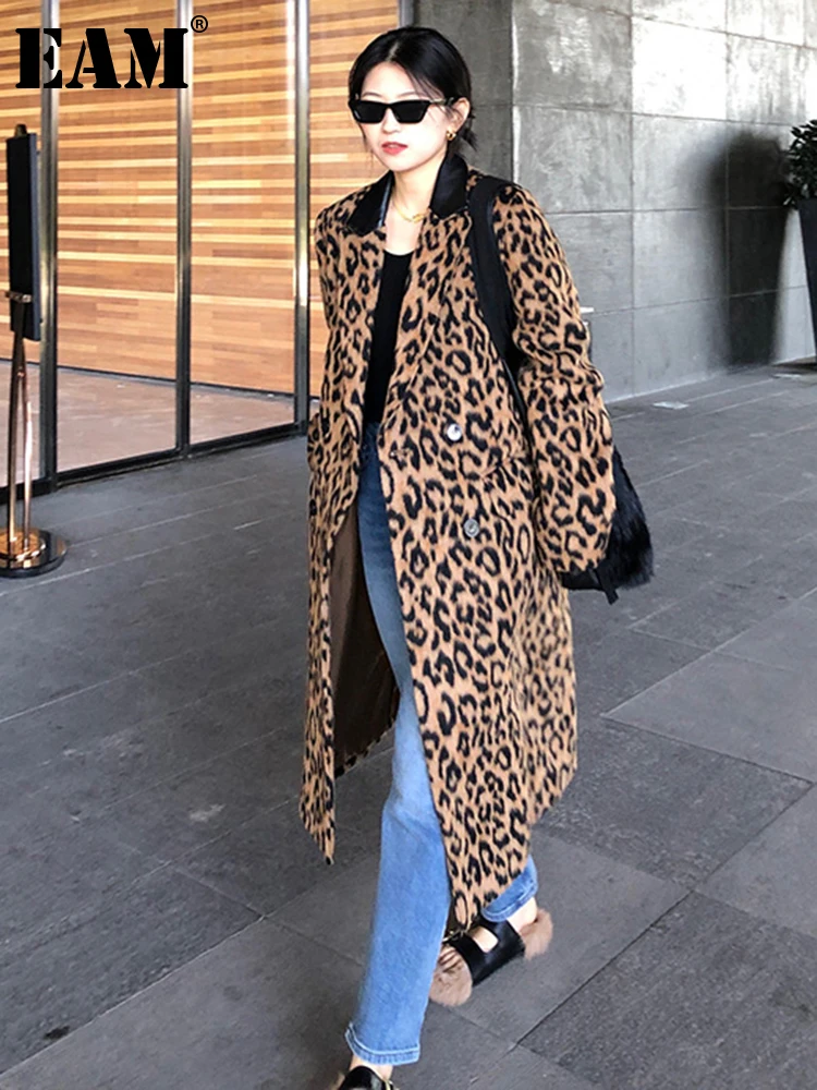 

[EAM] Loose Fit Leopard Printed Big Size Long Woolen Coat Parkas New Long Sleeve Women Fashion Tide Autumn Winter 2022 1DF2145