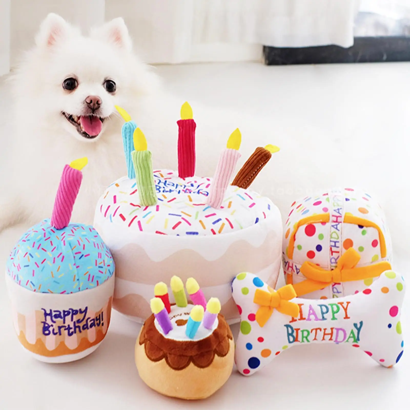 

1 Pcs Pet Dog Toy Cute Birthday Cake Squeaky Toys Bite Stuffed Shape Chew Puppy Stuffed Bone Resistant Plush Toys Toy M4k5