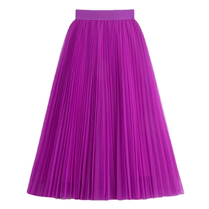 

Double Mesh Skirt Women's 2 Layers Lining Pleated Skirt 2022 New High Waist Thin Elastic Waist Midi Large Swing Lining Skirt