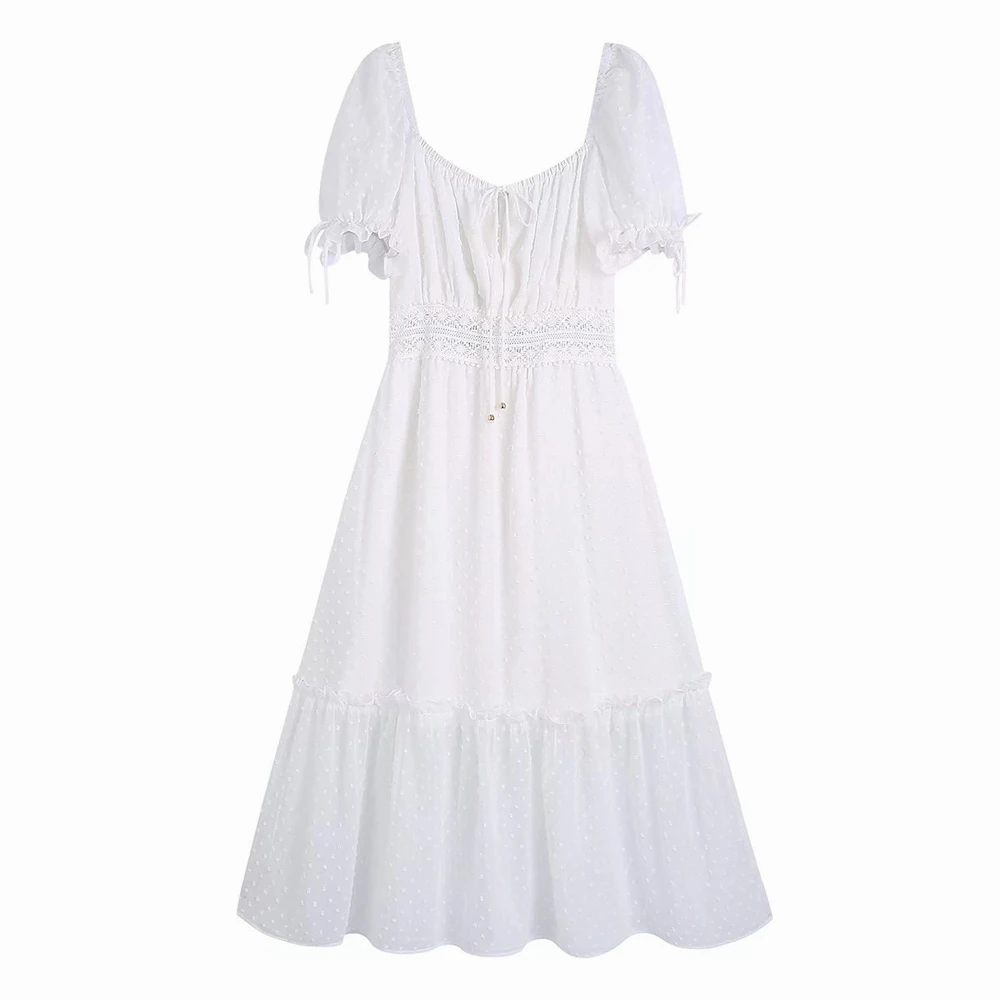 

White Dress Women Summer 2022 New Clothing Short Puff Sleeve Dots Flocking Mid-Calf Fit and Flare Feminino Mdi Vestidos