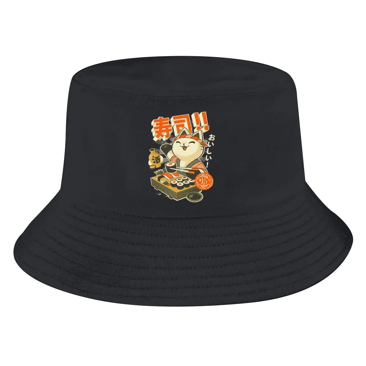 

Sushi Chef Restaurant Kitty Japanese Food Unisex Bucket Hats Cat Arts Retro Hip Hop Fishing Sun Cap Fashion Style Designed