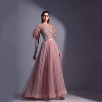 sexy pearl sequin feather evening dress long luxury 2022 celebrity prom pairt with lace appliqued sheath robes de soir%c3%a9e