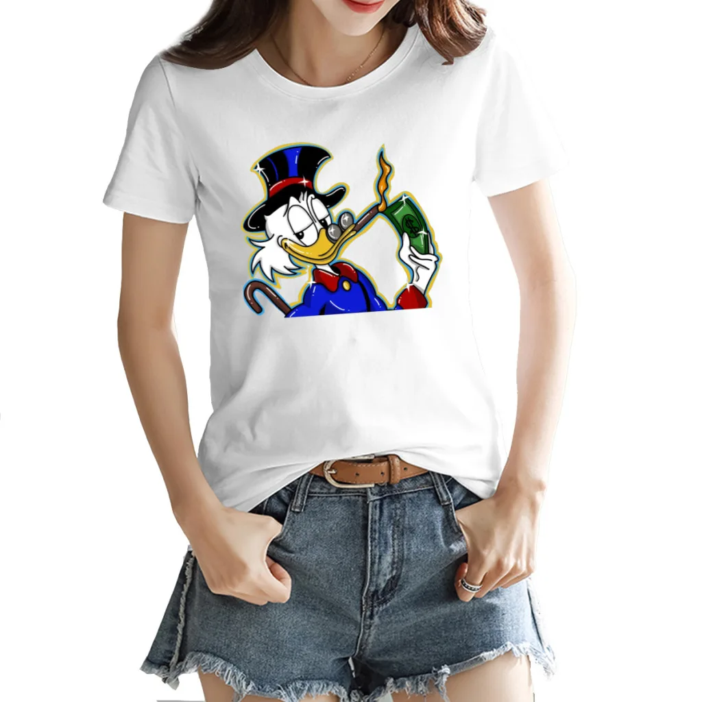 

Cute Scrooge Mcduck smoking money away Round neck T-shirt White Graphic Fresh Tees Tops European Size