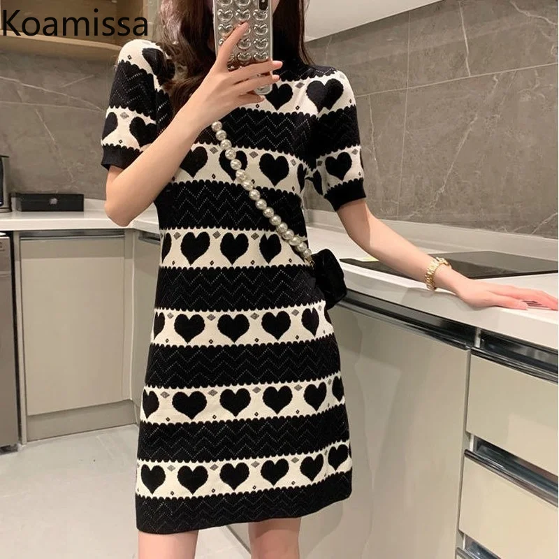 

Koamissa Summer Knitted Mini Dress for Women Short Sleeves O-neck Slim Female A Line Vestidos Korean Chic Print Lady Party Robe