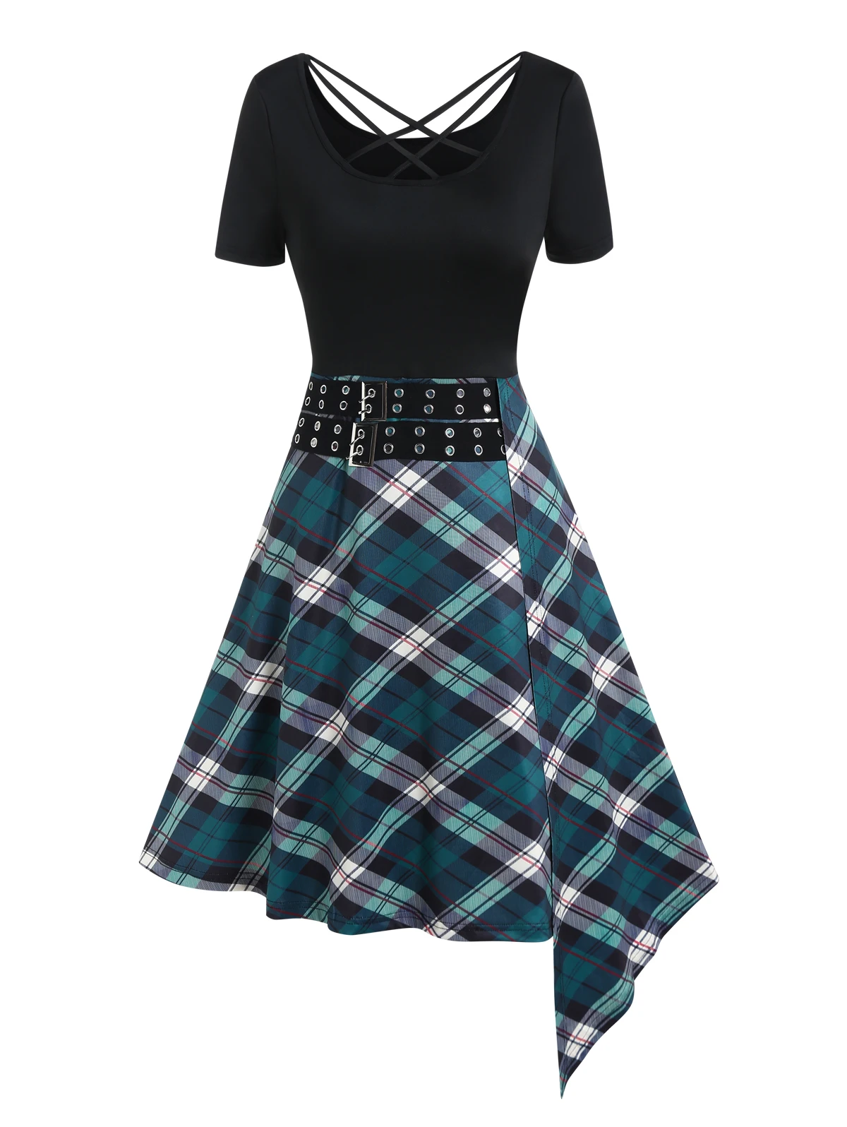 

Plaid Print Panel Crisscross Grommet Buckle Asymmetrical Mini Dress Deconstruction Fashion Women Casual Vestidos