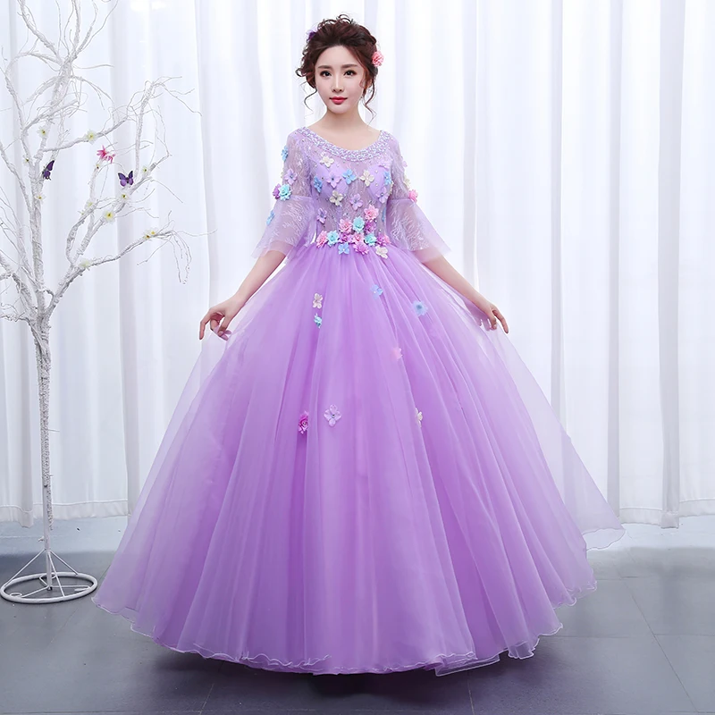 

Pink Vestidos De Quinceaneras Sweet Scoop Neck Colorful Appliques Ball Gown Illusion Lace Elegant Prom Dresses With Sleeves