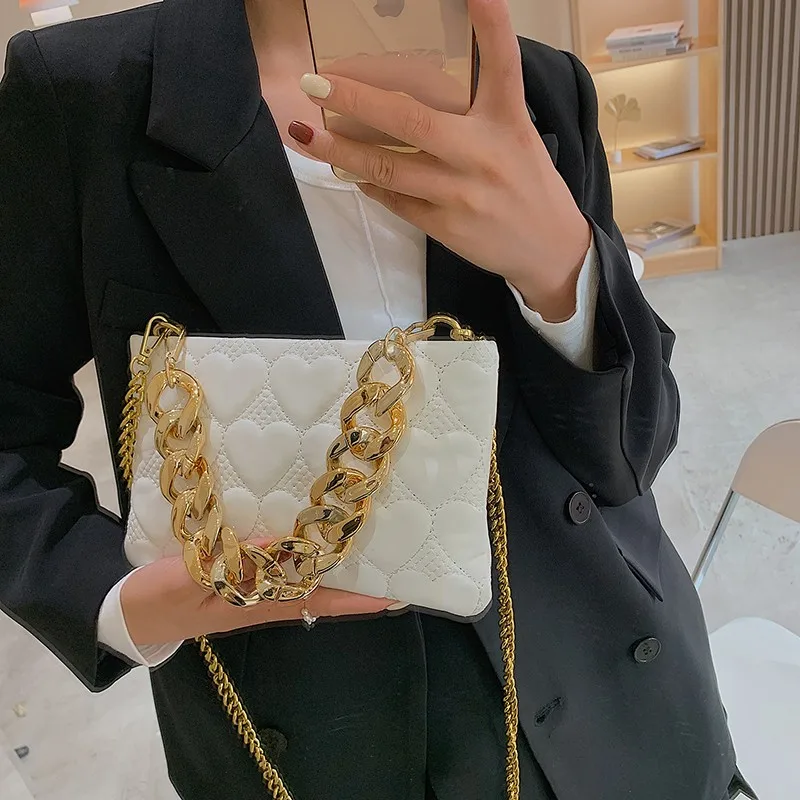 

Fashion Women Embossed Geometric PU Leather Shoulder Handbag Gold Chain Checker Pattern Underarm Bag Casual Ladies Small Purse
