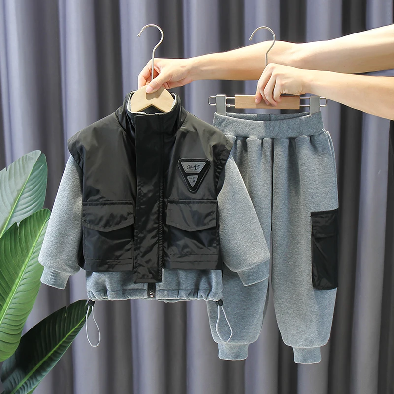 

Модные комплекты одежды для мальчиков на осень и зиму, бархатная куртка на молнии с воротником-стойкой, брюки с эластичным поясом, крутой теплый костюм для мальчиков