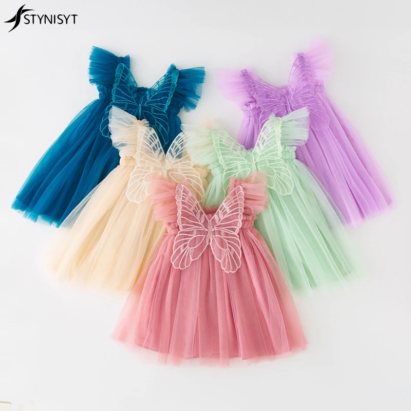 

2023 Girls Tulle Toddler Super Fairy Princess Dresses Fly Sleeve Candy Color Dress Children Mesh Puffy Birthday Party Vestido