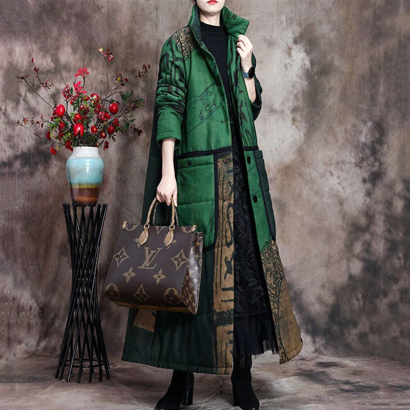 

Autumn Winter Cotton Jacket Women Stand Collar Long Windbreaker Medium Long Ethnic Print Casual Warm Thickened Female Outwear