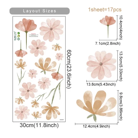 Boho Flowers Wall Autocollants aquarelle Chambre salon Home Decor Art Eco-friely amovible Decal