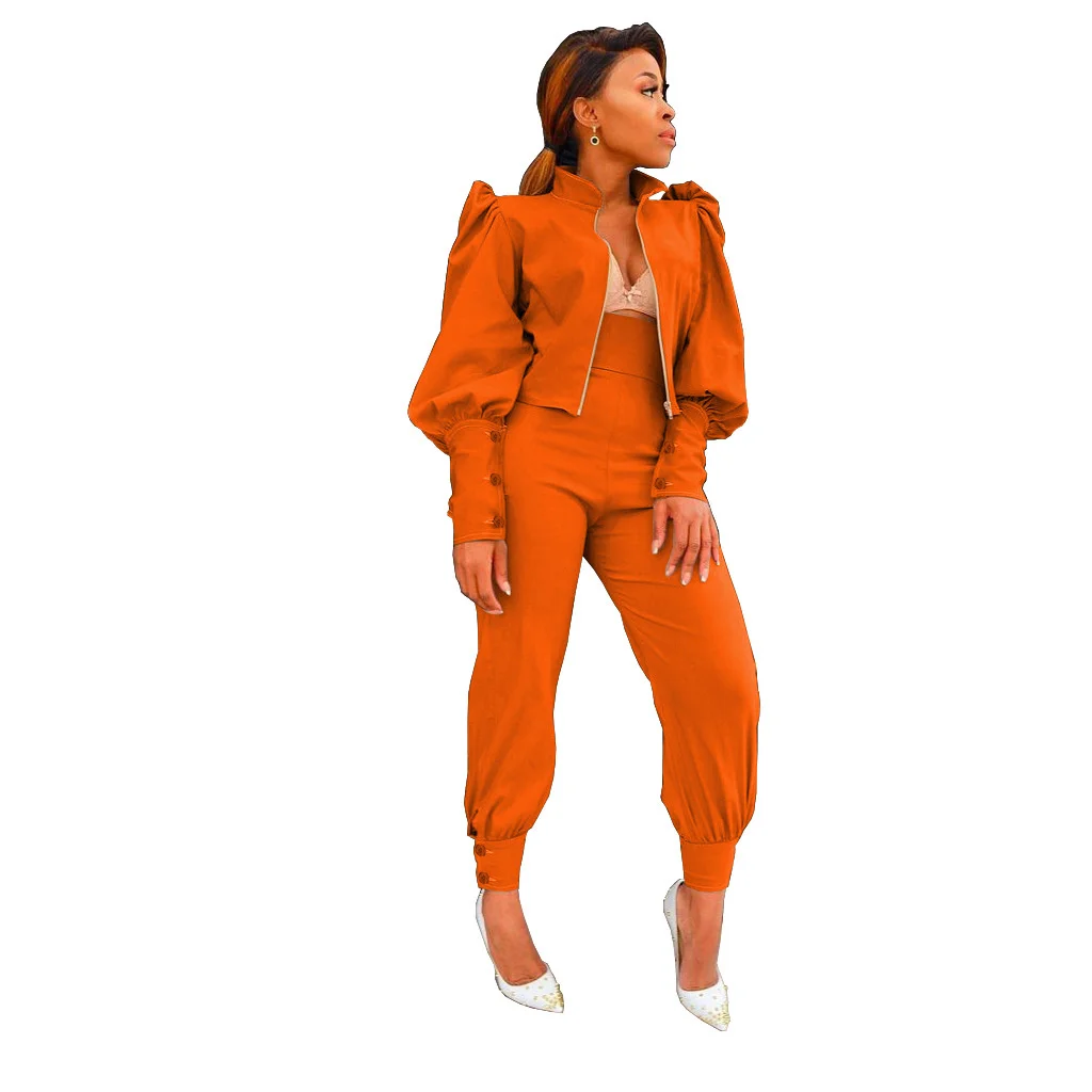 

Women's Fashion Personalized Design Feeling Solid Color Bubble Sleeve Zipper High Waist Pants Two-piece Suit