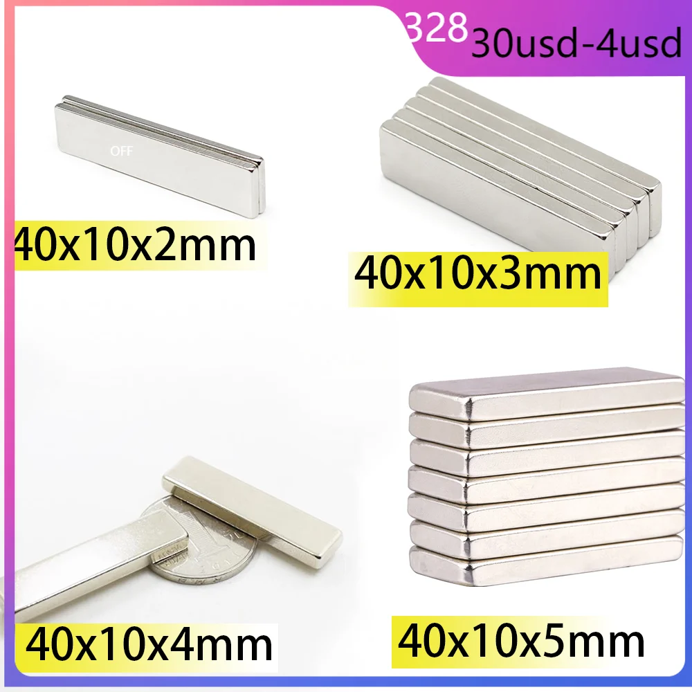 

10/20/50pcs 40x10x5 40x10x2 40x10x3 40x10x4 Width10 Length40 Rectangle Square Neodymium Bar Block Strong Magnets Search Magnetic