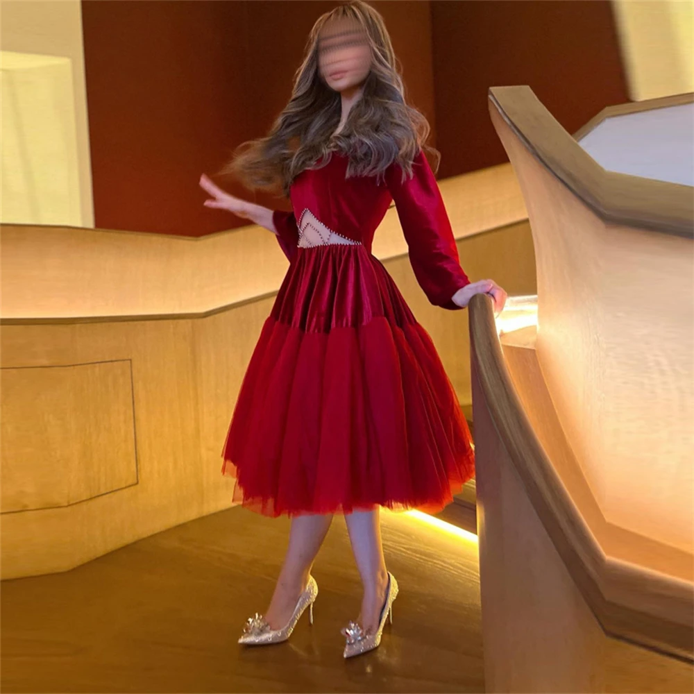 

Elegant Square Collar Red A-Line Velour Formal Occasion Prom Dresses Tulle Knee-length Women Evening Party Dress فساتين السهرة