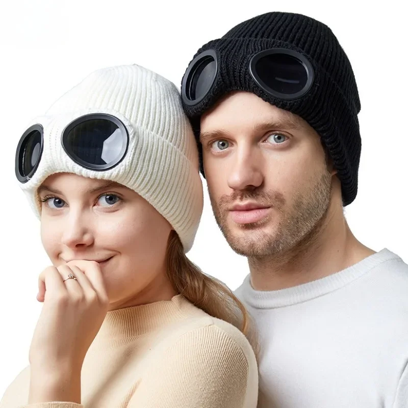 

Handsome Ski Knitted Hat Fashion Women Warm Wool Caps Casual Sports Glasses Caps Man Bonnets Couple Windproof Glasses Plush Hat