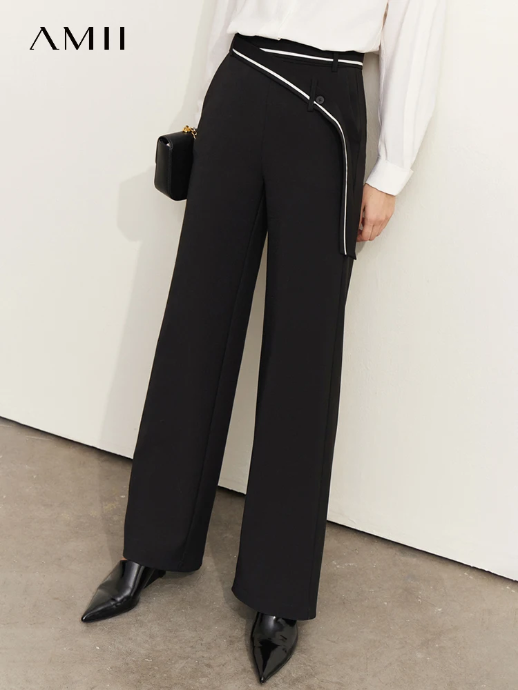 AMII Minimalism Black Suit Pants Women Autumn 2022 Panelled Belt Design Wide Leg High Waist Casual Straight Tube Pants 12270460