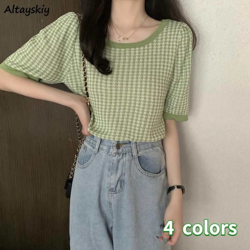 

Plaid T-shirts Women Korean Style Thin Daily All-match Summer O-neck Short Sleeve Trendy Leisure Popular Young Girlish Футболка