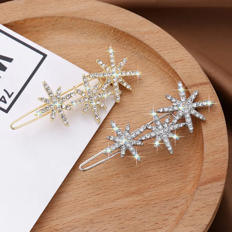 

Fashion Snowflakes Stars Hair Clips Shining Crystal Rhinestone Gold Silver Color Hairpins For Women Girls Party Jewelry Gifts