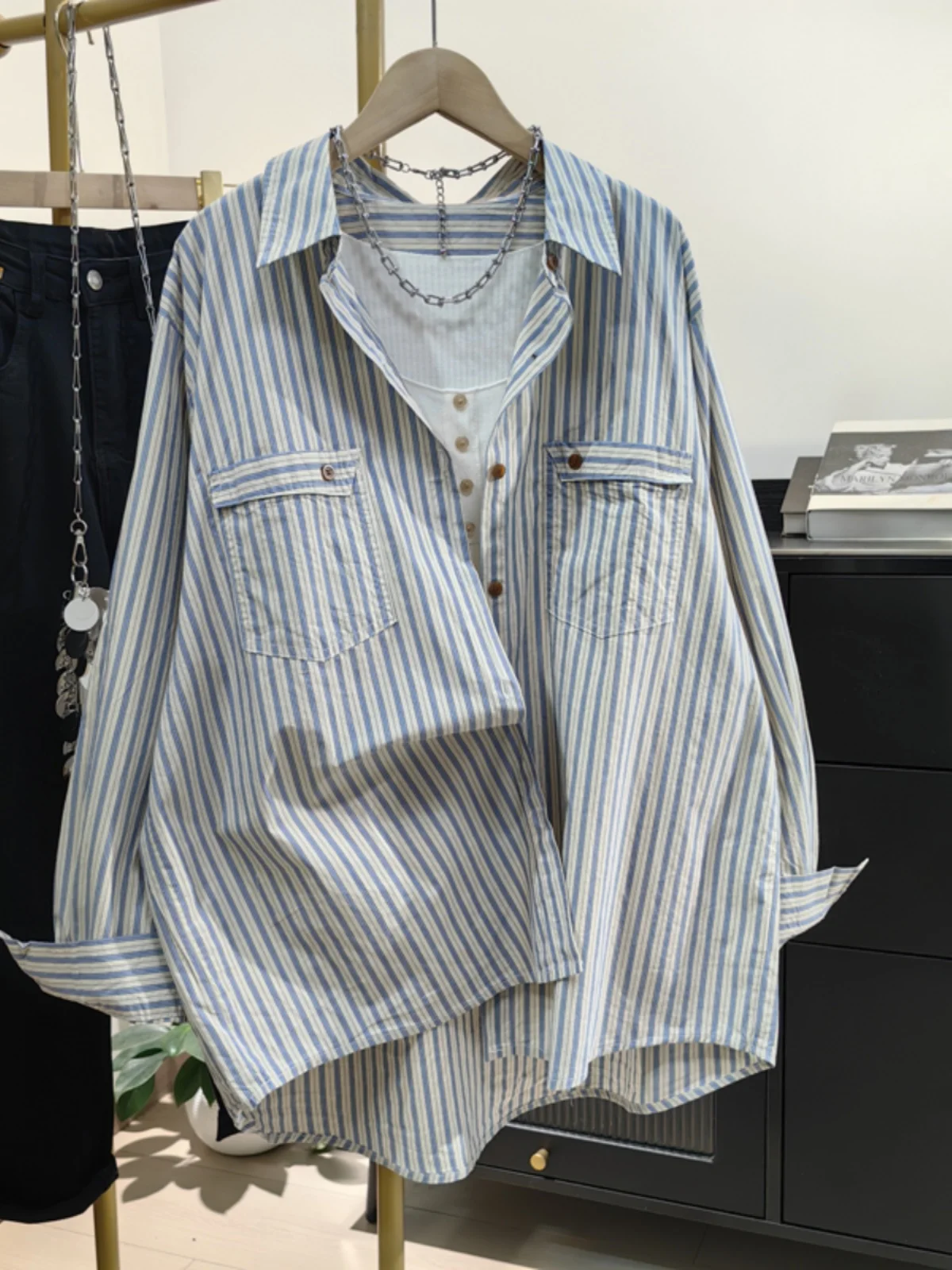 Blue Stripes Shirt Women's Spring New Arrival K-sle Casual Loose Slimming Retro Easy Matching Bandage Dress Long Sleeves 0...