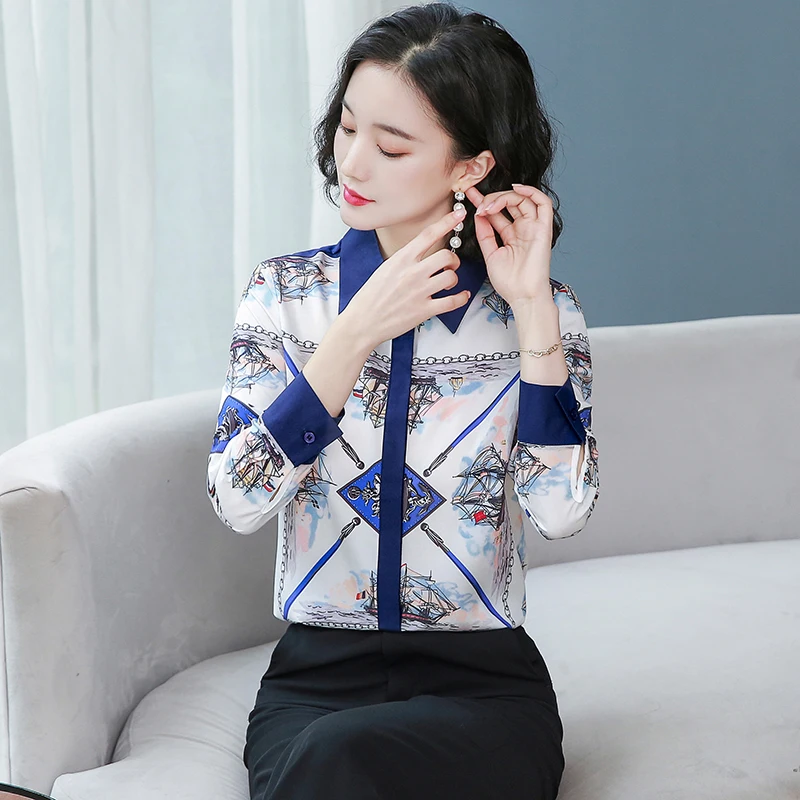 

Autumn New Women's Blouse Long Sleeve Polo Shirt Splicing Printed Satin Top Casual Fashion Loose Clothing Movafag