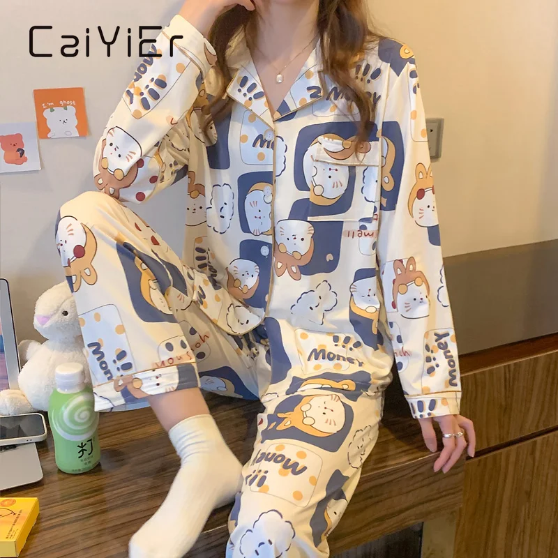 

CAIYIER New 2022 Autumn Winter Women Nightwear Korean Cute Print Girls Sleepwear Loungewear Female Cardigan Pijamas Home Suit