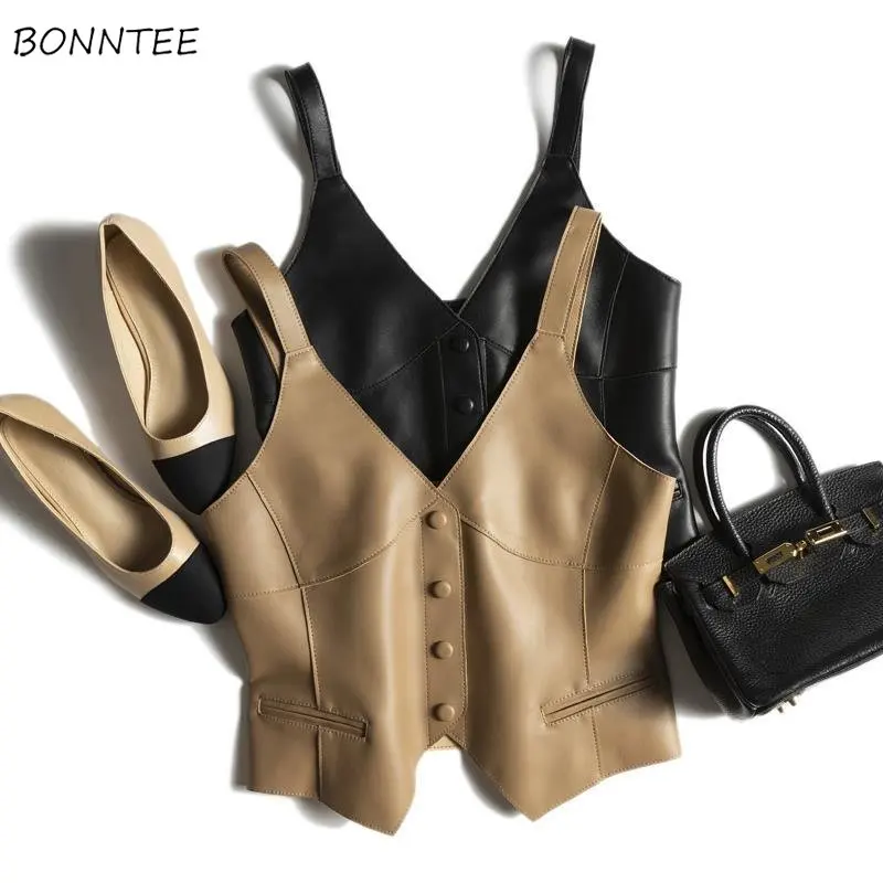 

PU Leather Vests Women Slim Aesthetics Vintage Temper Streetwear Classic Fashion Y2k Clothes Ladies Coats Crop Spliced European