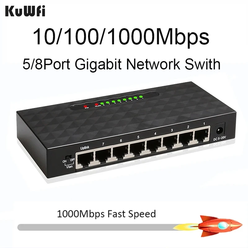 KuWFi 5/8Port Gigabit Switch Ethernet Smart Switcher High Performance 1000Mbps Network Switch RJ45 Hub Internet Injector