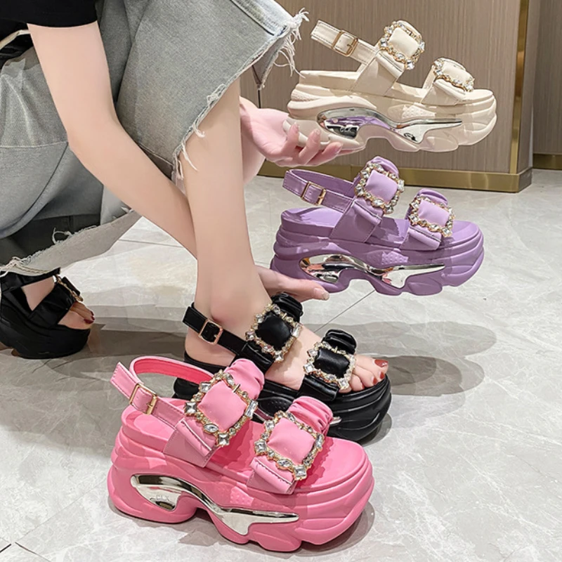 

Fashion Rhinestone Sandals Platform Thick Sole Korean Style High Heeled Roman Women's Shoes Sandália De Salto Feminina