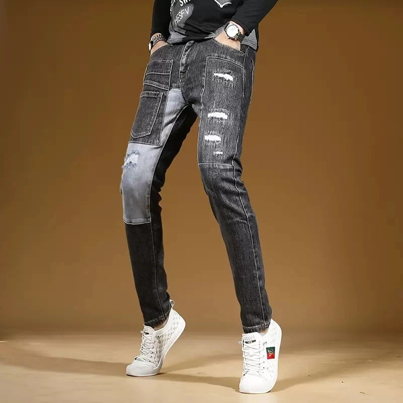 Autumn Black Ripped Jeans Men Streetwear Slim Fit Pencil Pants Fashion Casual Patchwork Stretch Denim Trousers