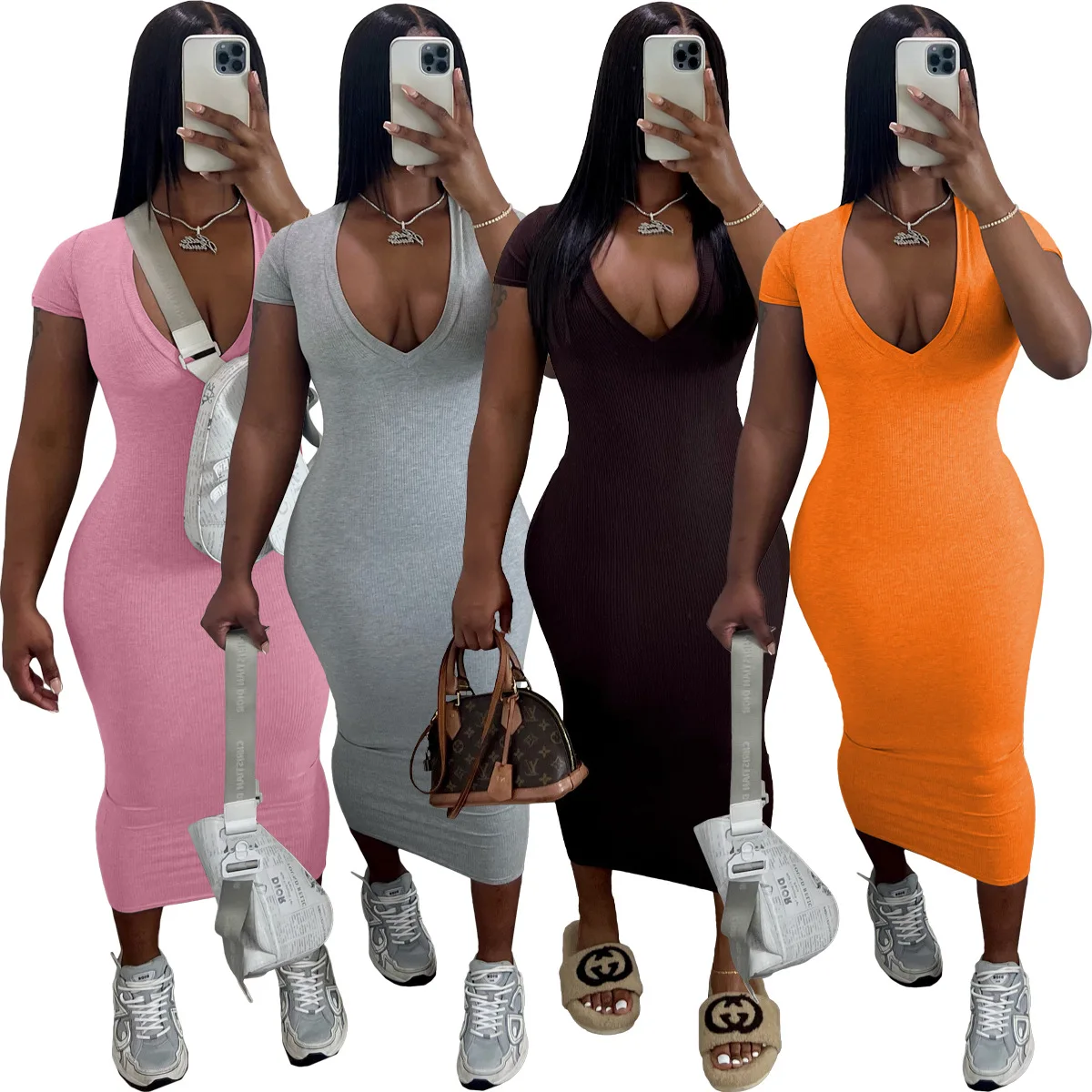 

Sexy 2023 Summer Bodycon Midi Dress Long Sundress Overalls Women Solid V Neck Outfits Elegant Slim Beach Maxi Dresses Skirts