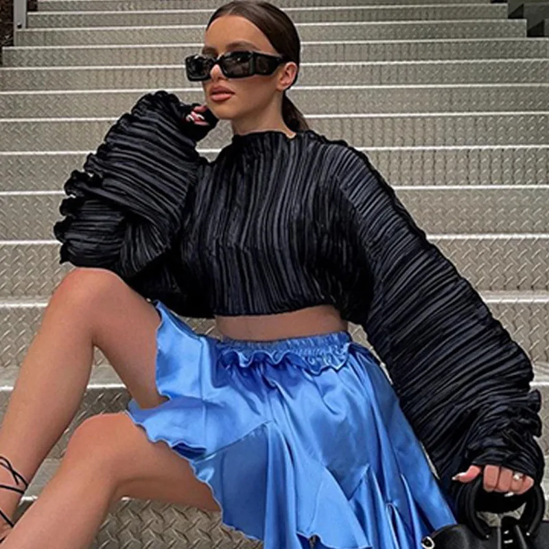 Модные плиссированные женские футболки сезон осень-зима с длинным рукавом